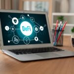 Zdecentralizowane finanse lub koncepcja DeFi na modnym ekranie komputera