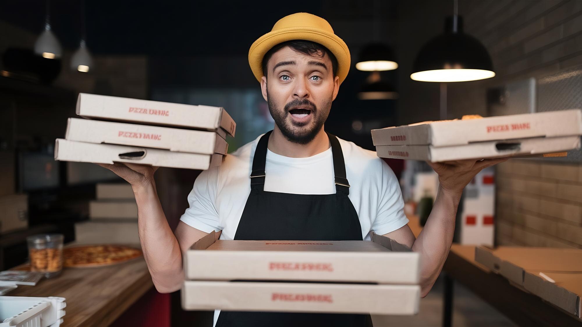 Sprzedawca pizzy trzyma kartonowe pudełka z przekąskami, wygląda z ekspresją omg, nosi żółty kapelusz i biały t