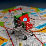 Mapa 3d i wózek supermarketowy z tłem handlowym