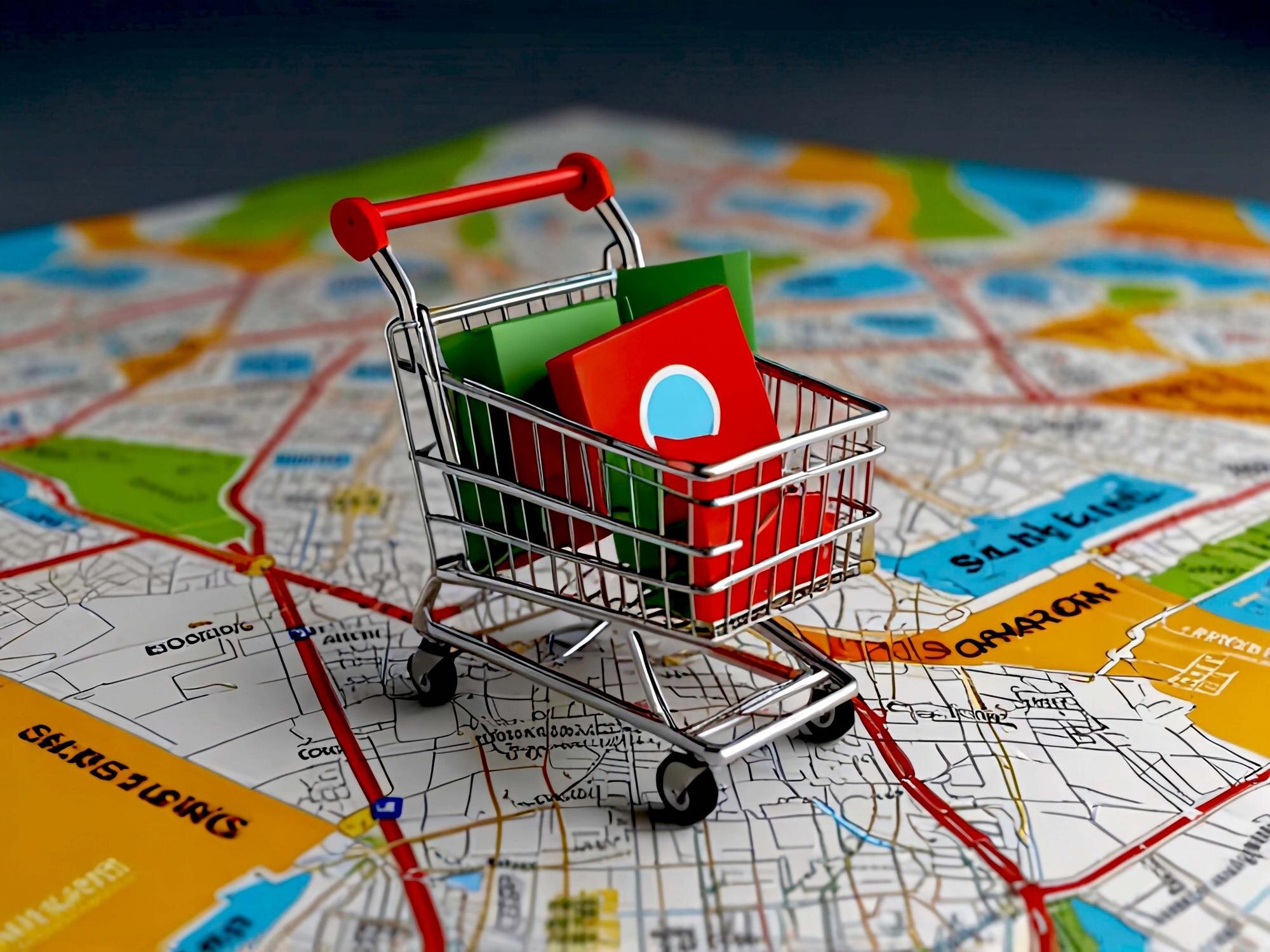 Mapa 3d i wózek supermarketowy z tłem handlowym
