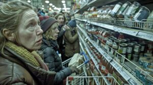 Grupa ludzi biegnących przez sklep spożywczy z wózkami na zakupy