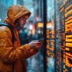 Gdy mężczyzna korzysta z sieci bankowości cyfrowej za pośrednictwem telefonu, pojawiają się ikony bezpieczeństwa cybernetycznego i osłony danych