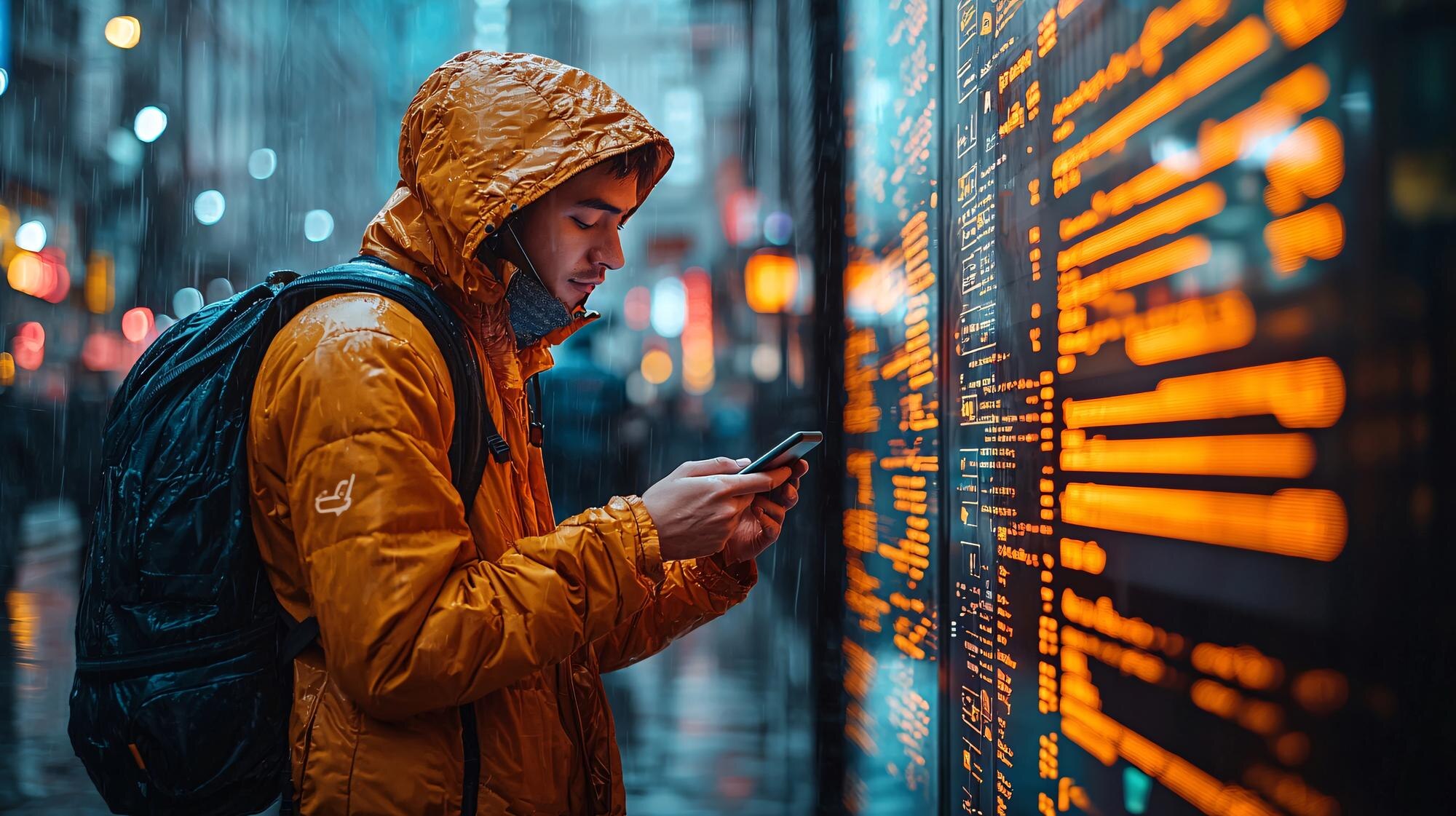Gdy mężczyzna korzysta z sieci bankowości cyfrowej za pośrednictwem telefonu, pojawiają się ikony bezpieczeństwa cybernetycznego i osłony danych