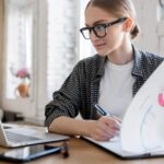 Sporządzanie papierowego raportu graficznego w biurze, kobieta w koszuli, okulary, patrzy na pracującego projektanta online