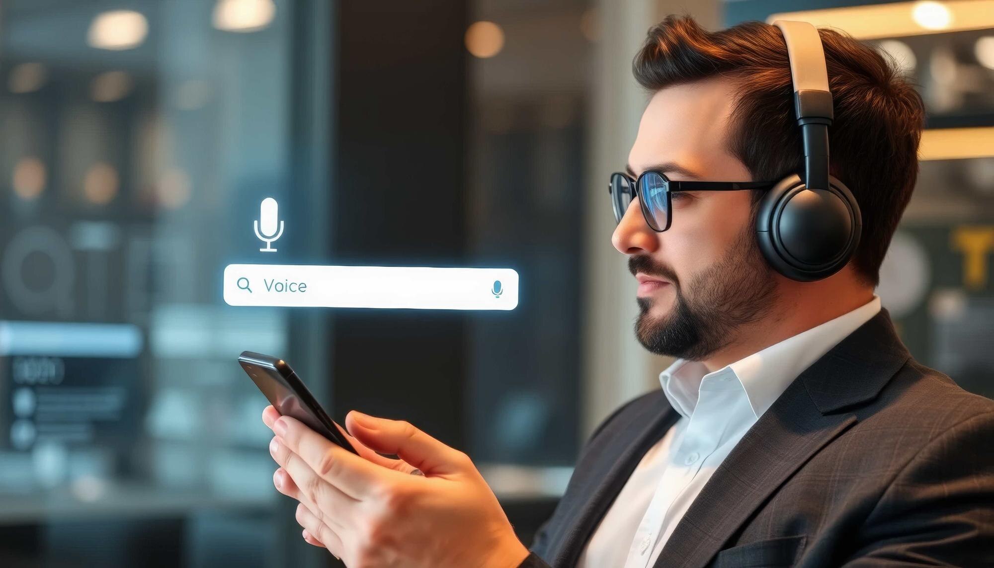 Mężczyzna w okularach i garniturze patrzy na swój telefon komórkowy