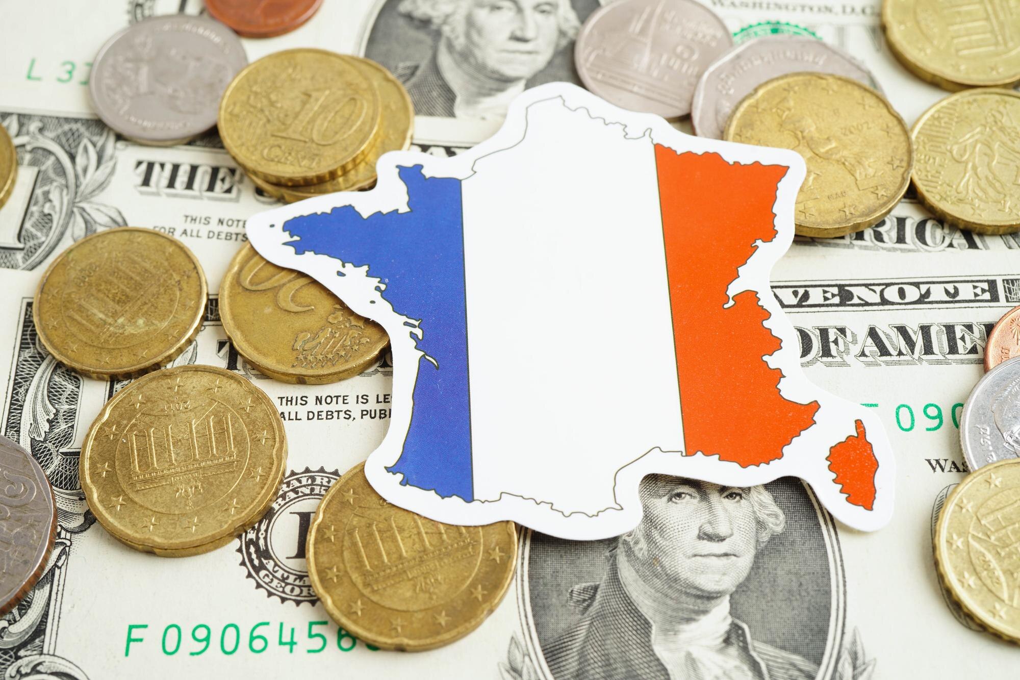 France flag on coins background finance and accounting banking concept