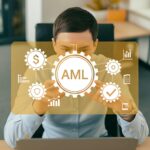 Business Professional Analyzing AML Data with Digital Overlay