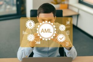 Business Professional Analyzing AML Data with Digital Overlay
