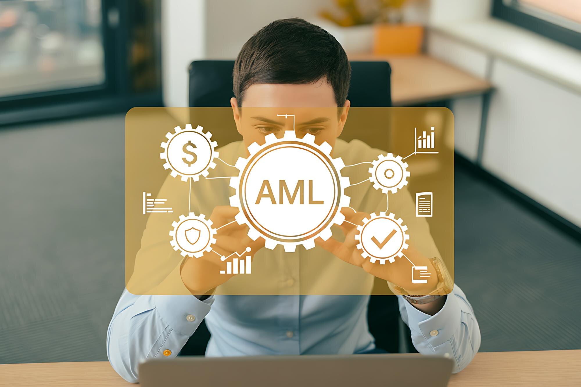 Business Professional Analyzing AML Data with Digital Overlay